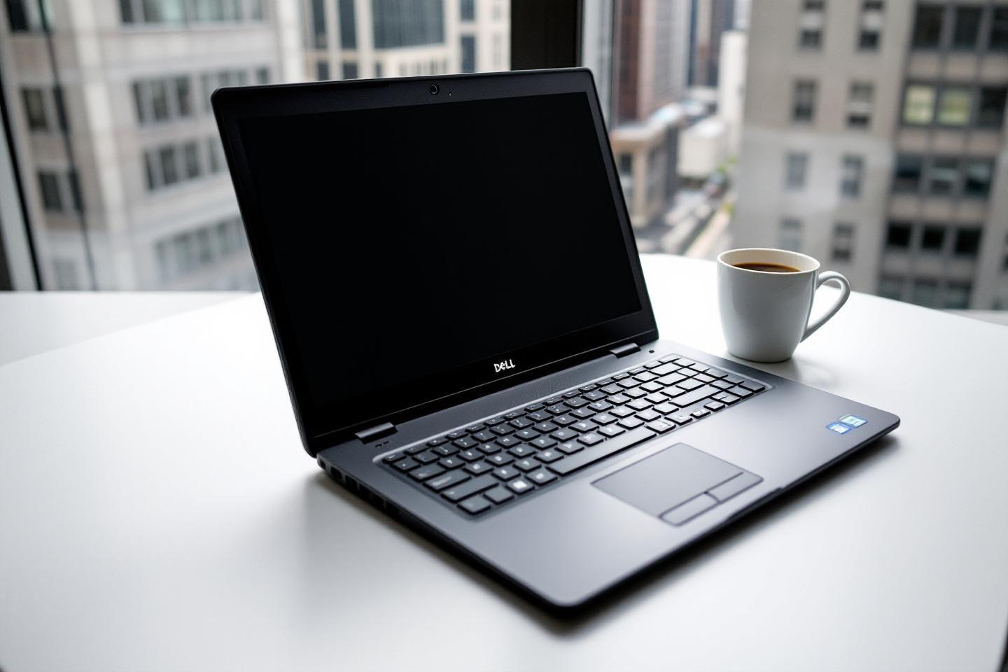 Dell portable près d'une tasse de café avec vue sur immeubles
