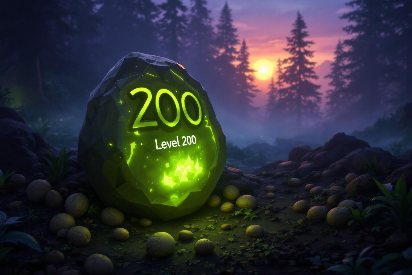 Pierre verte brillante marquée niveau 200 dans une forêt brumeuse