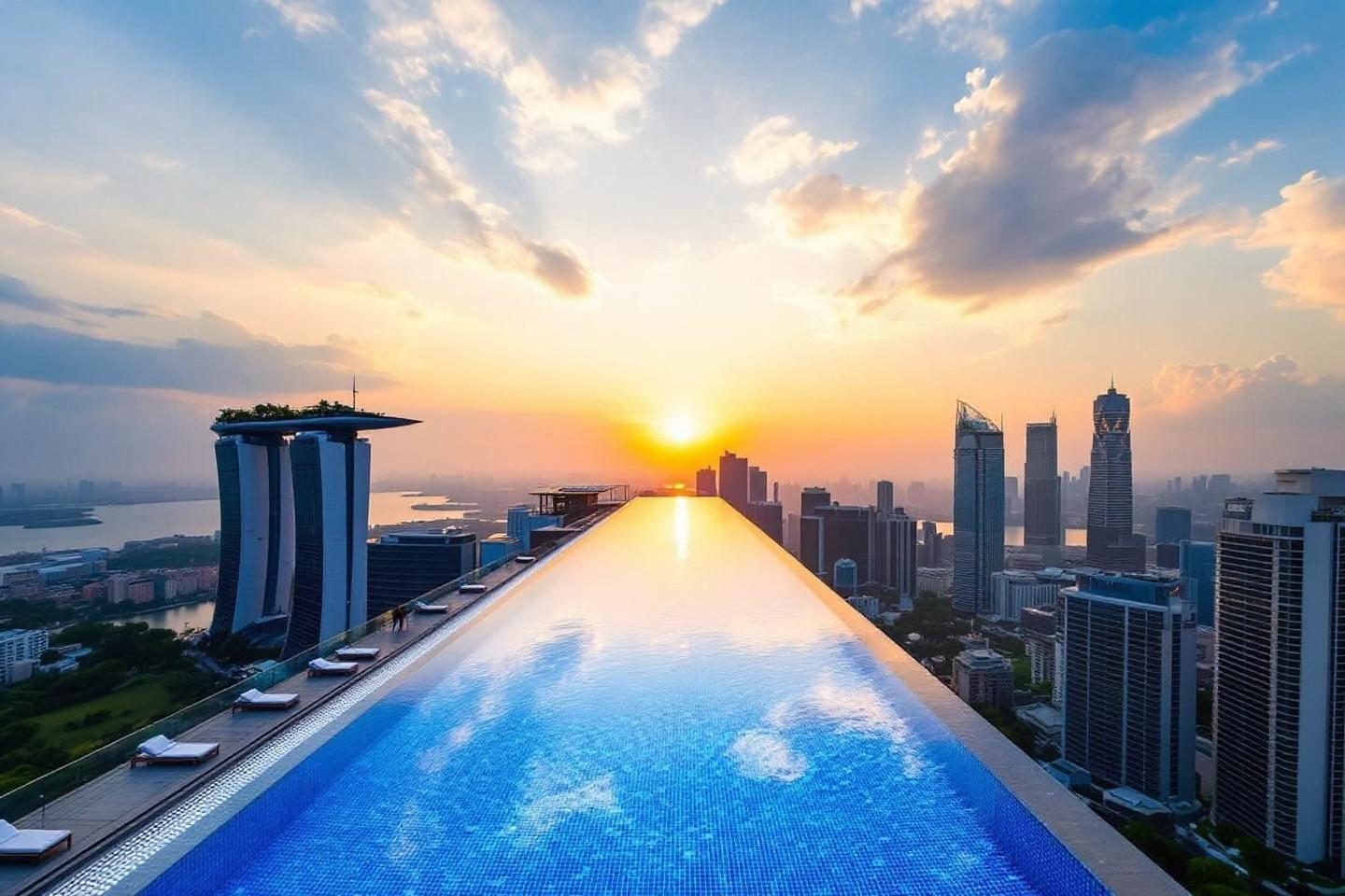 Piscine à débordement avec vue panoramique sur gratte-ciels
