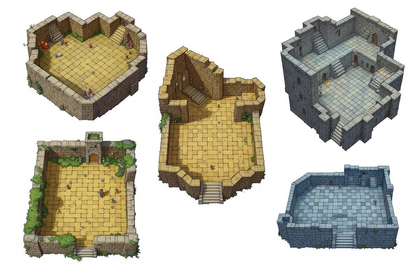 Six vues de donjons en pierre avec différentes configurations architecturales