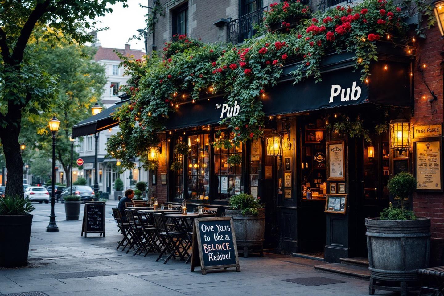 Façade de pub avec terrasse fleurie et lumières douces