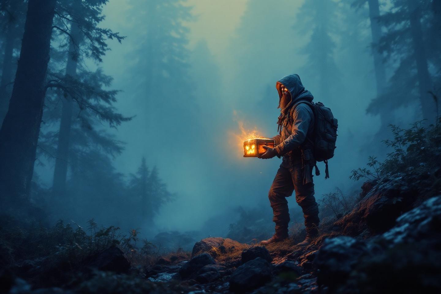 Silhouette avec lanterne dans une forêt brumeuse et mystérieuse