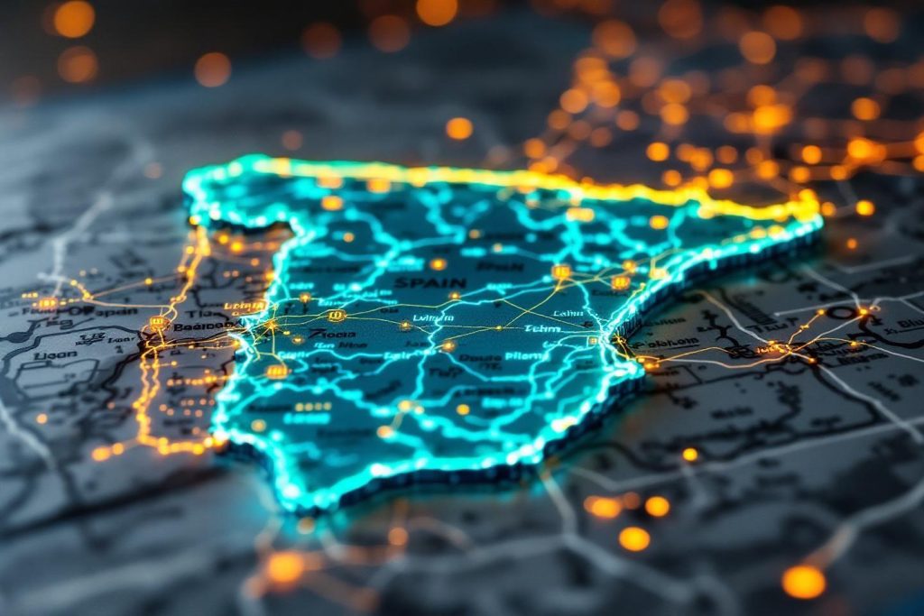 Carte de l'Espagne illuminée par des connexions numériques