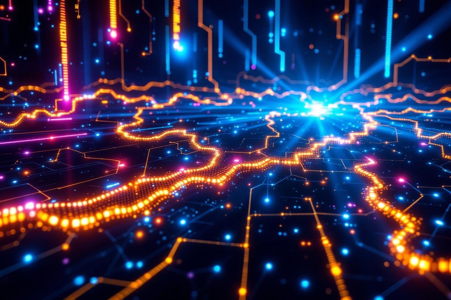 Circuit électronique abstrait avec des lignes lumineuses bleu et orange