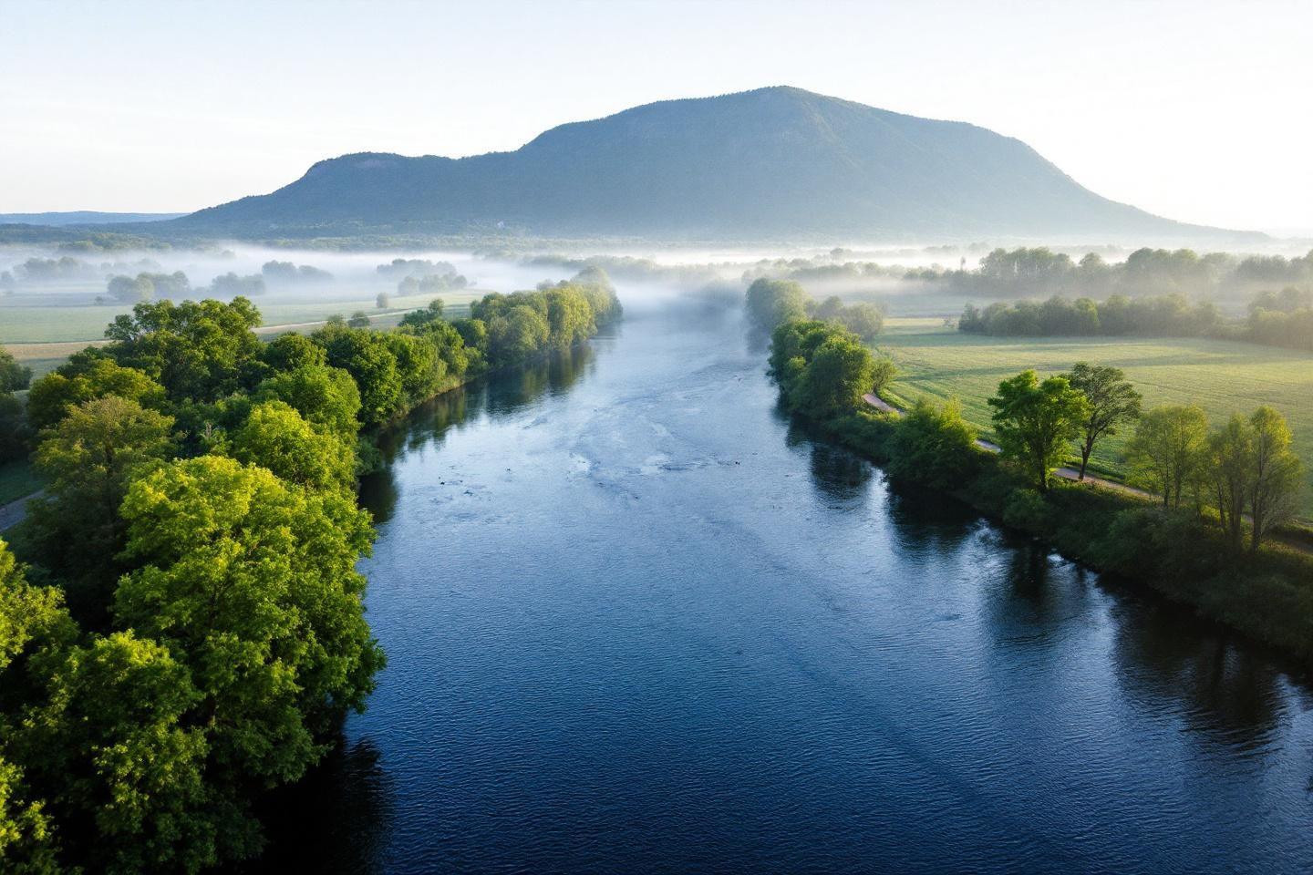 Rivière bleue entre arbres, montagne brumeuse en arrière-plan
