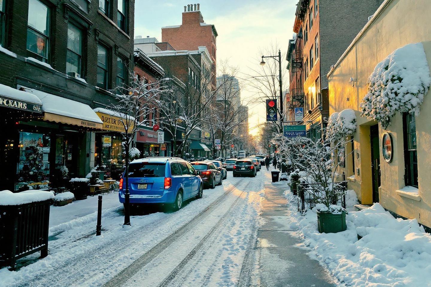 Rue citadine avec voitures et magasins sous la neige