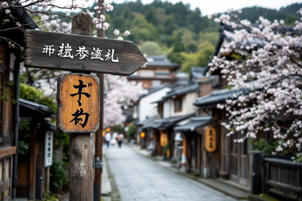 Rue japonaise traditionnelle avec cerisiers en fleurs et panneaux