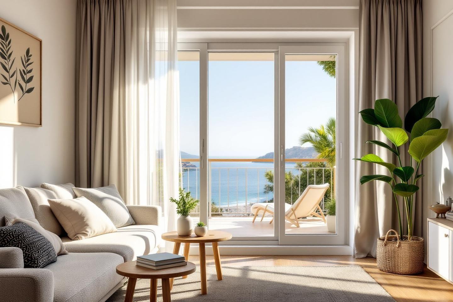 Intérieur cosy avec baie vitrée donnant sur océan et palmiers