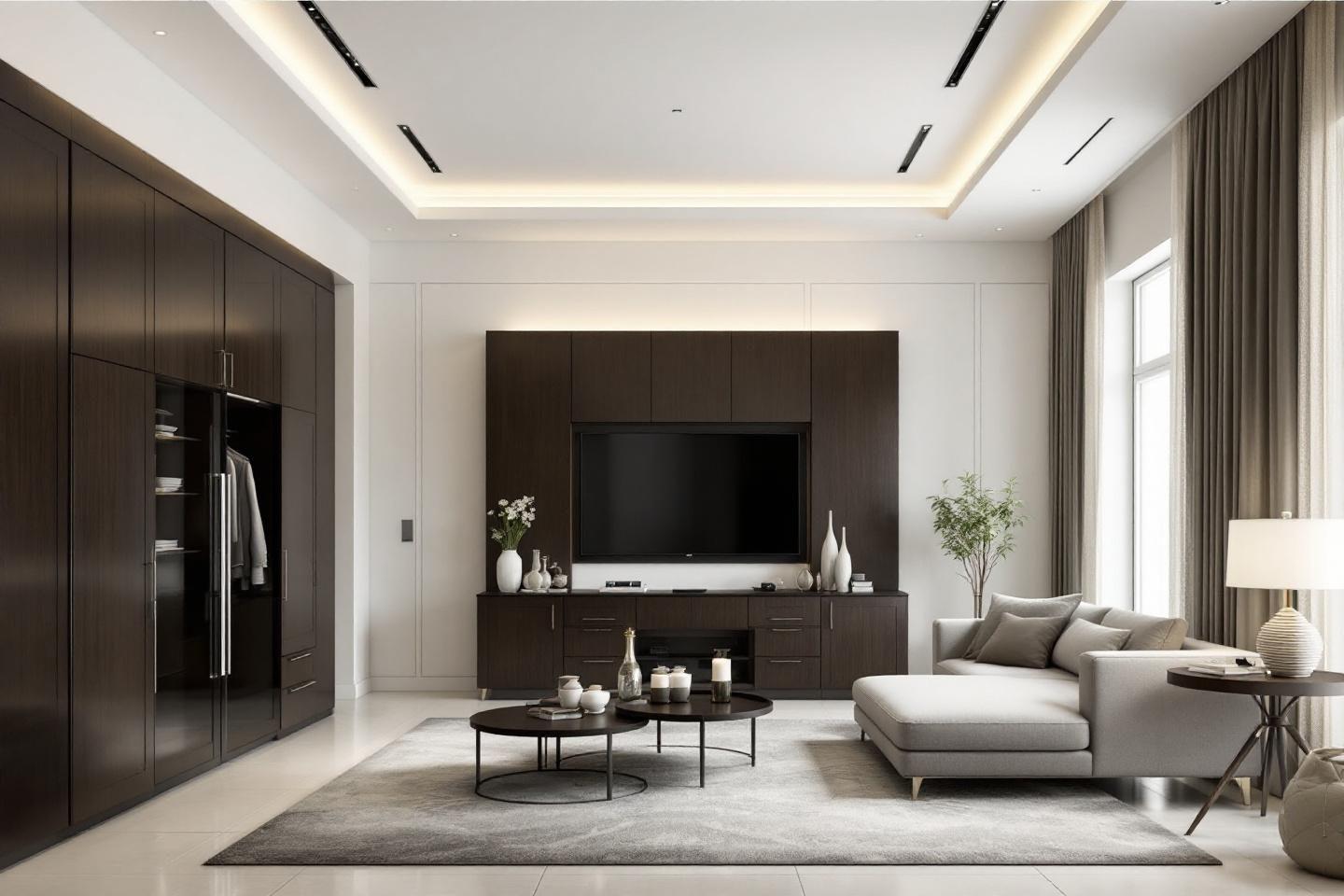 Intérieur minimaliste avec canapé, TV et plantes vertes