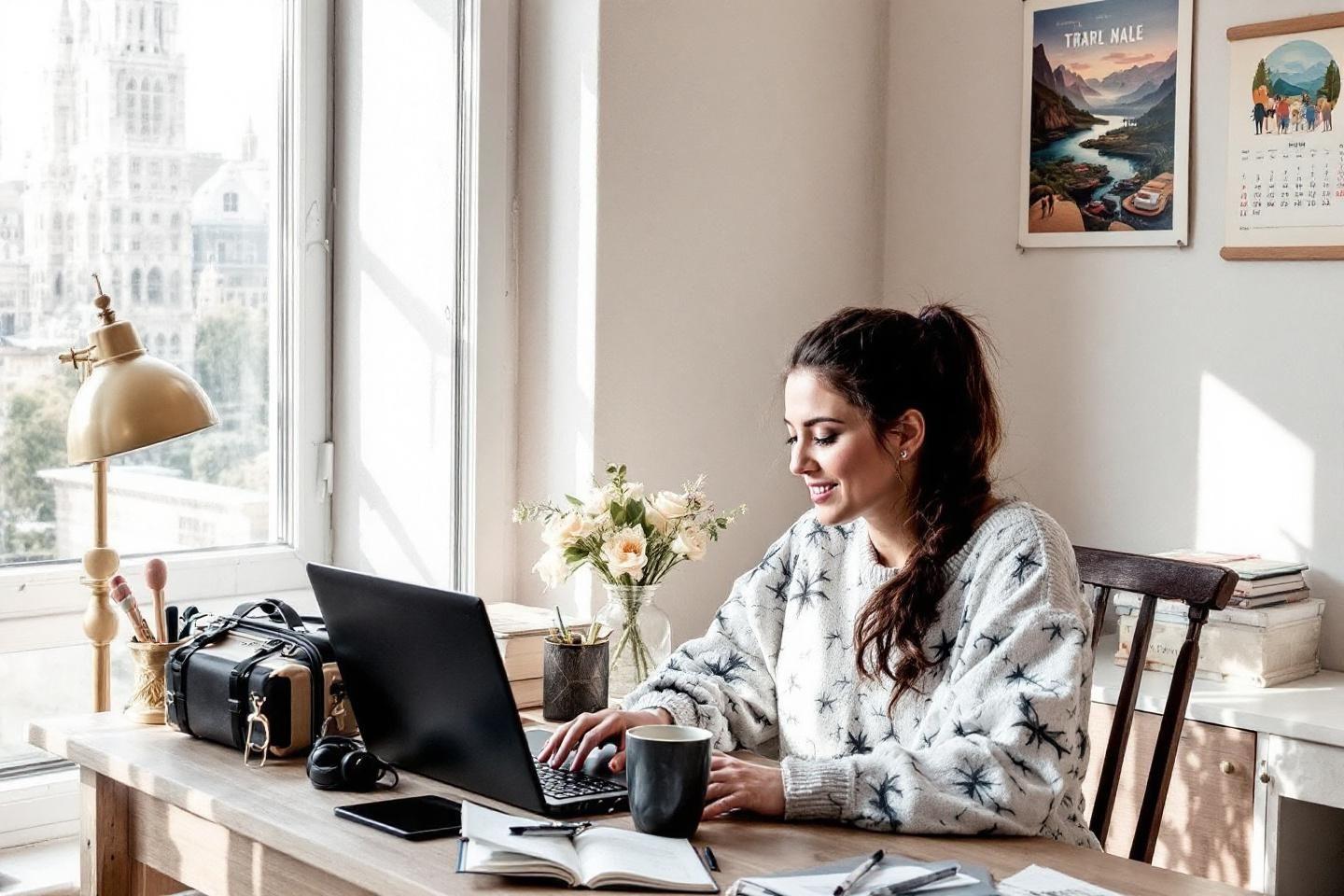 Femme souriante travaillant sur ordinateur portable près d'une fenêtre lumineuse
