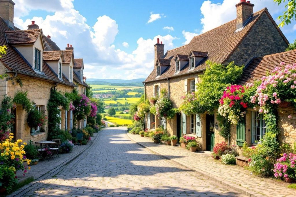 Rue pittoresque bordée de maisons en pierre et de roses colorées