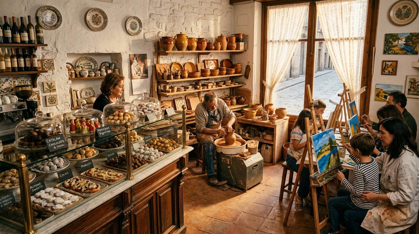 Potier travaillant au tour entouré de visiteurs dans un atelier rustique