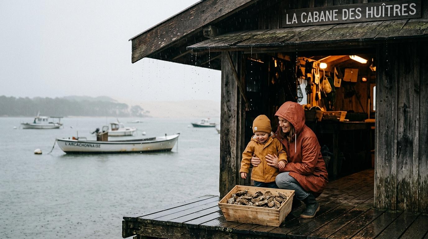Femme et enfant dans cabane huîtres avec bateau arrière-plan