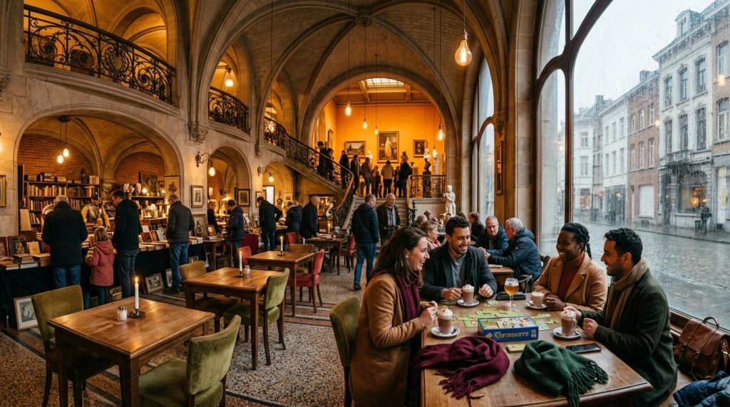 Intérieur élégant de café-bibliothèque avec clients et architecture voûtée
