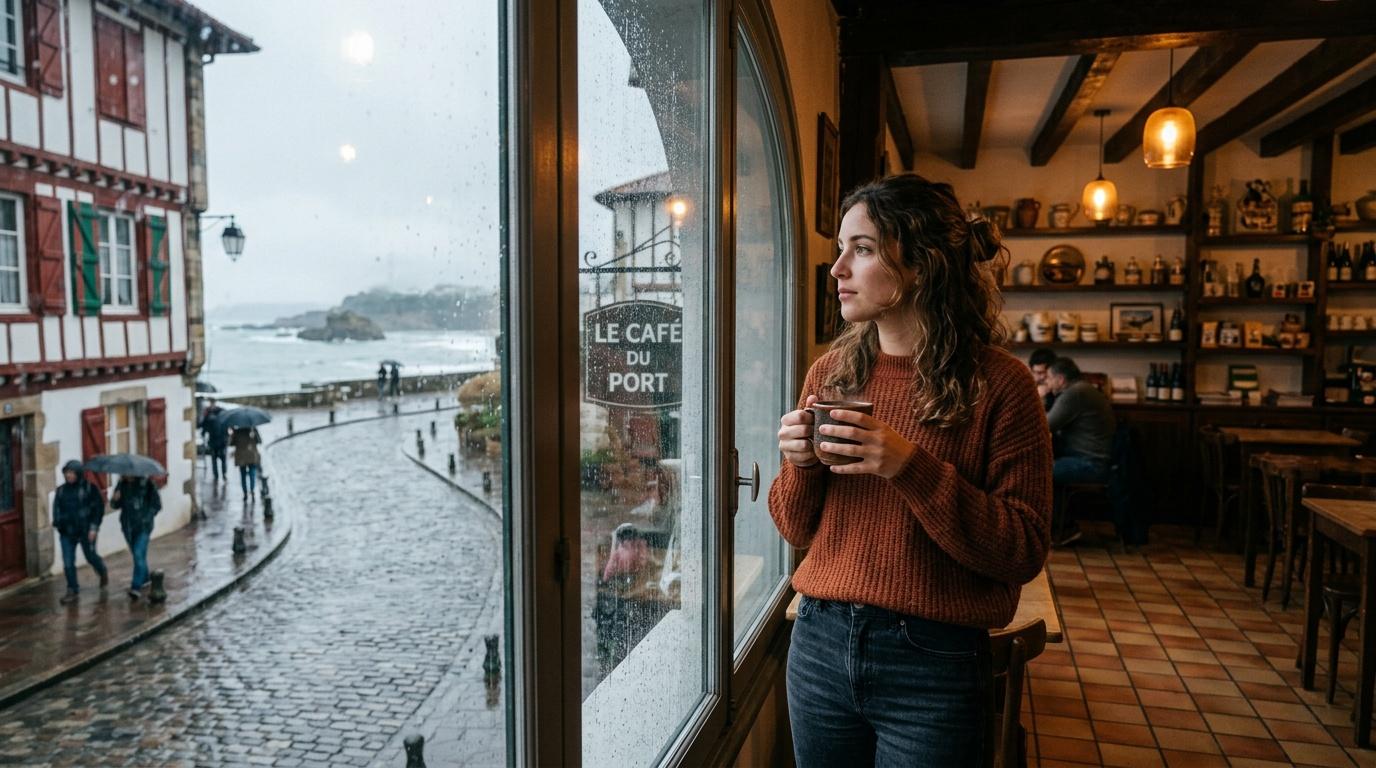 Femme regardant la pluie depuis un café côtier