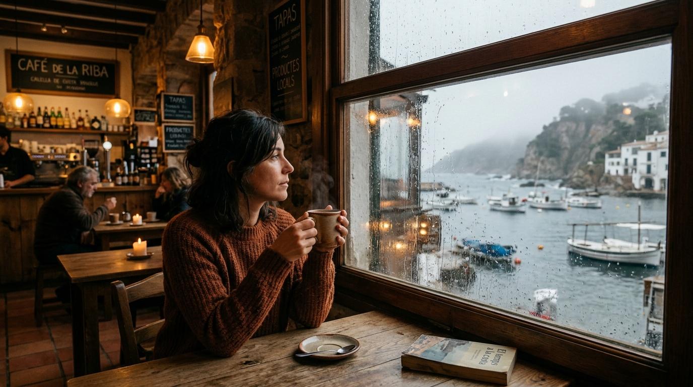 Femme contemplant le port pluvieux depuis un café côtier