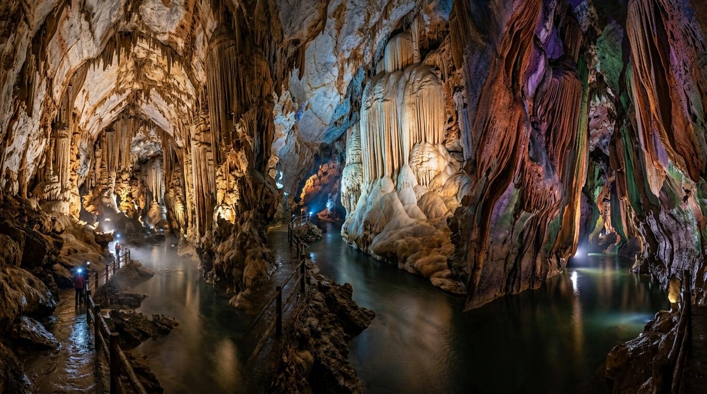 Grotte spectaculaire avec stalactites, stalagmites et eau souterraine éclairée