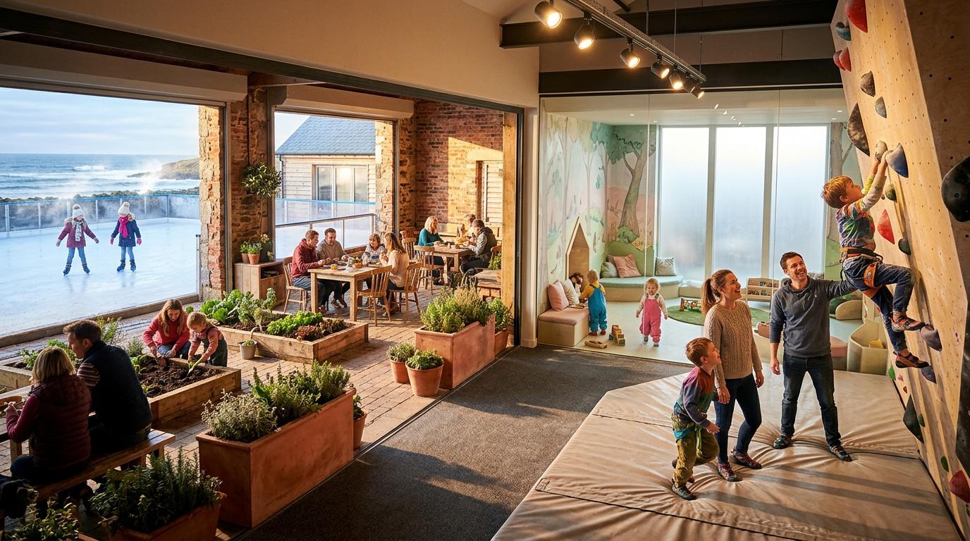 Famille s'amuse dans un centre récréatif avec vue océan