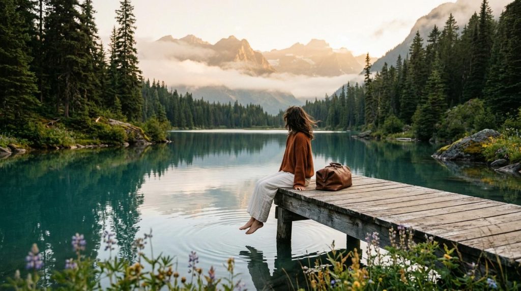 Femme assise sur un ponton face à un lac de montagne brumeux