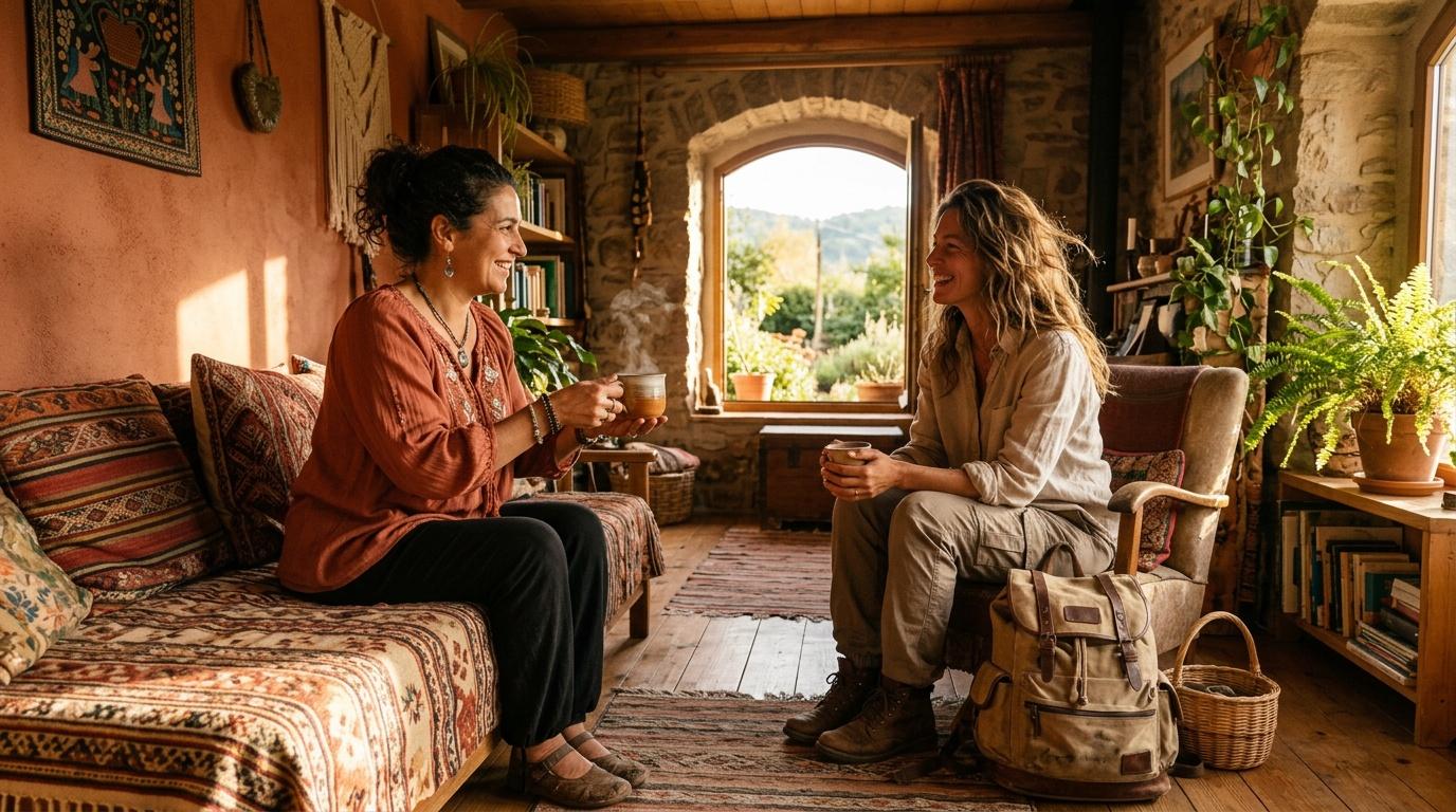 Deux femmes discutent dans une maison rustique ensoleillée