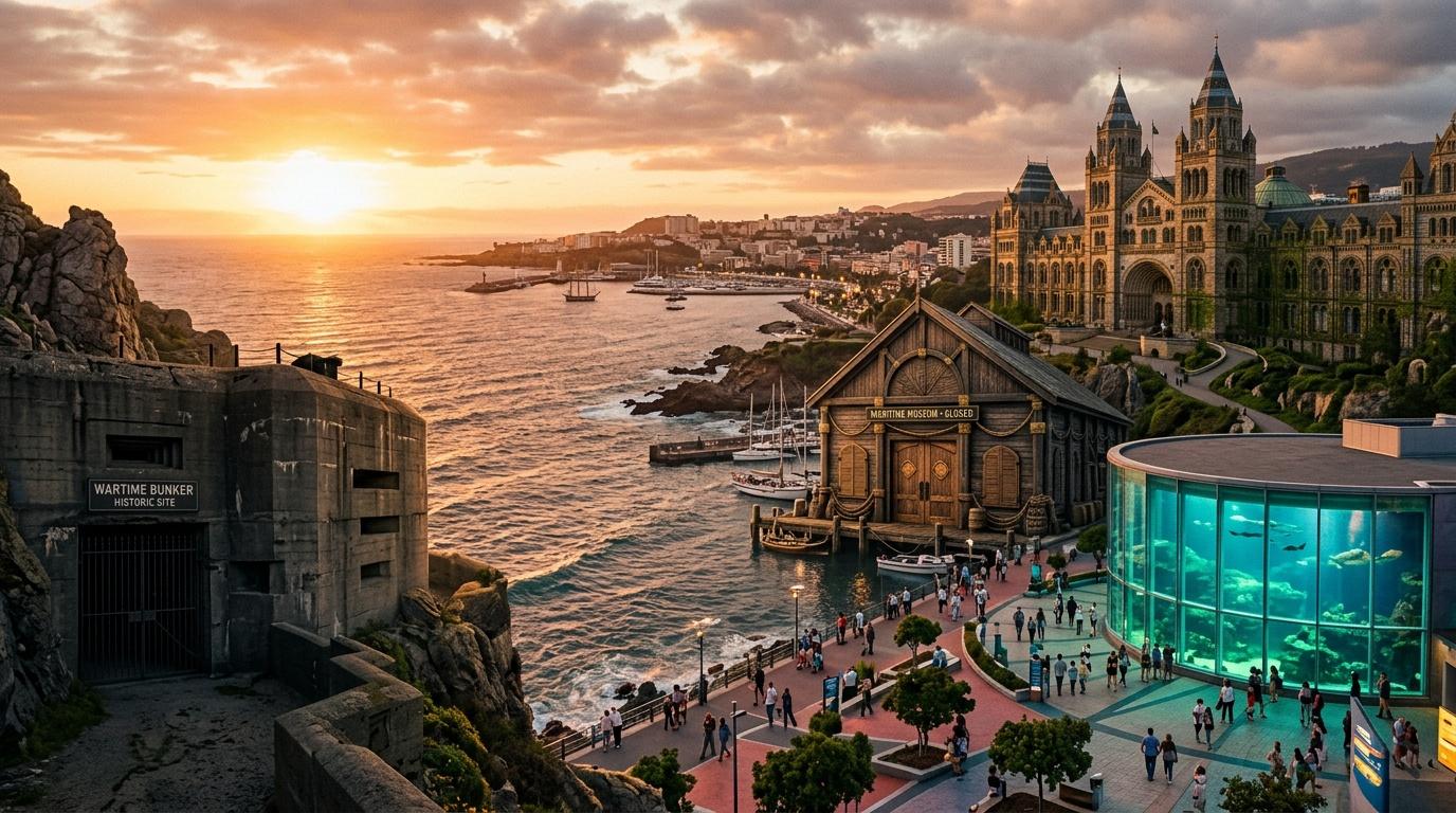 Coucher de soleil sur port côtier avec architecture victorienne et aquarium moderne