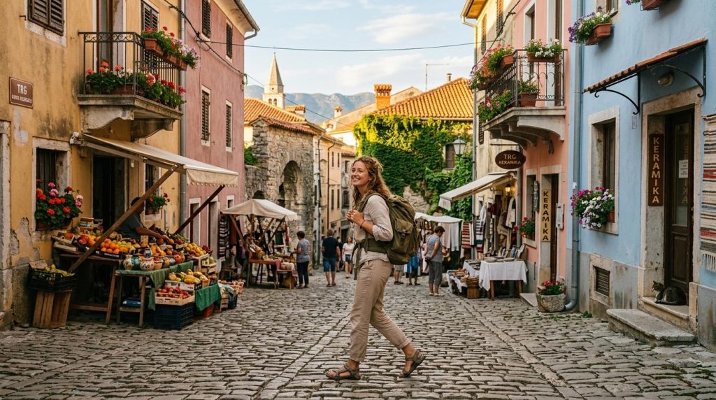 Femme voyageuse dans une rue colorée d'une ville historique européenne