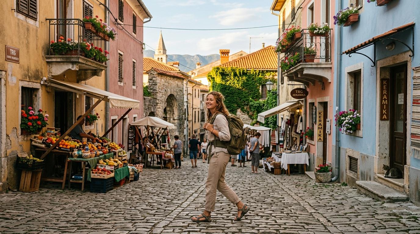 Femme voyageuse dans une rue colorée d'une ville historique européenne