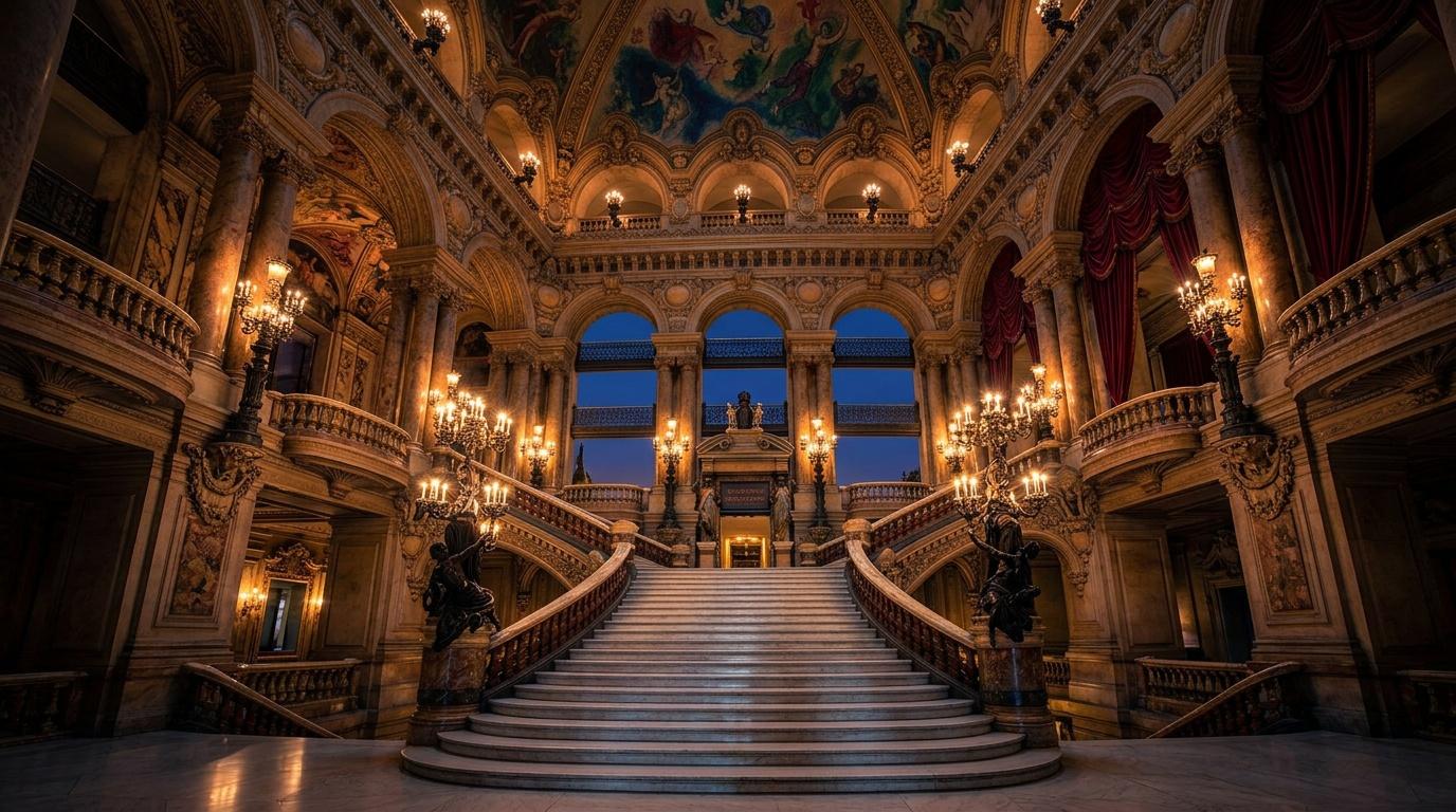Grand escalier orné illuminé avec colonnes et fresques