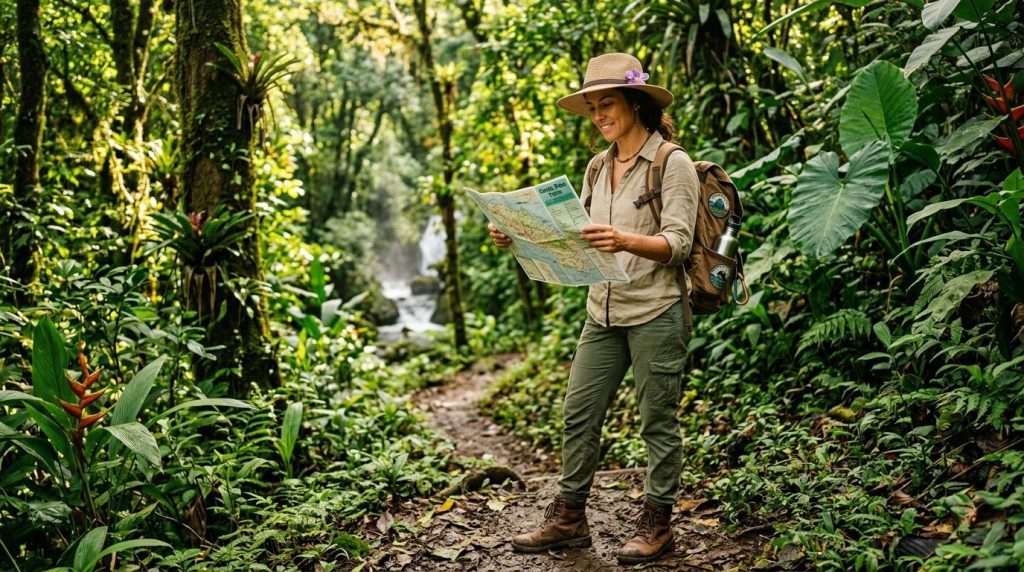 Femme avec carte et chapeau en forêt dense et humide