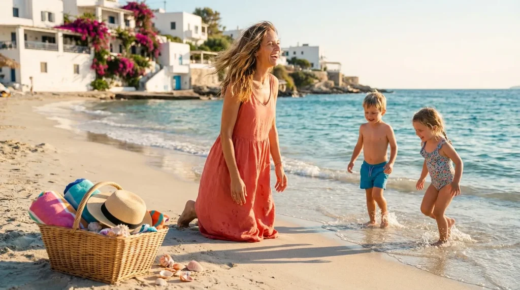 Femme et enfants jouent dans l'eau turquoise d'une plage.