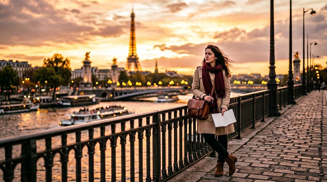 Jeune femme sur un pont parisien, Eiffel Tower au coucher soleil
