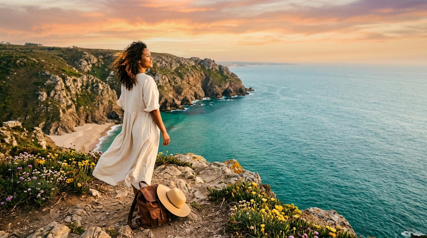 Femme en robe blanche observant la mer turquoise depuis une falaise.