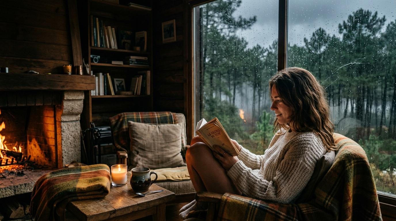 Femme lisant près d'une cheminée par temps pluvieux