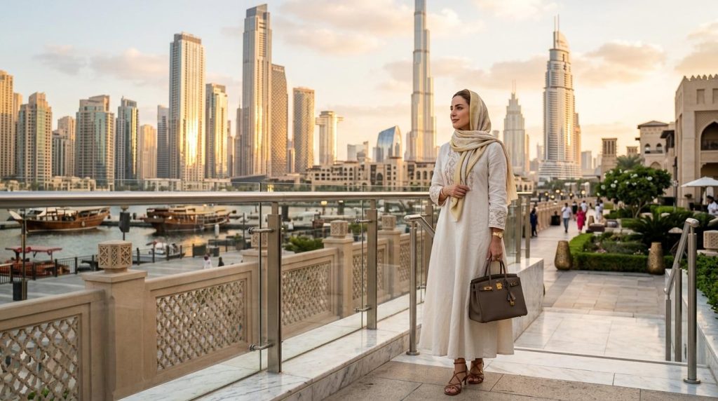 Femme élégante en tenue blanche devant skyline de Dubaï