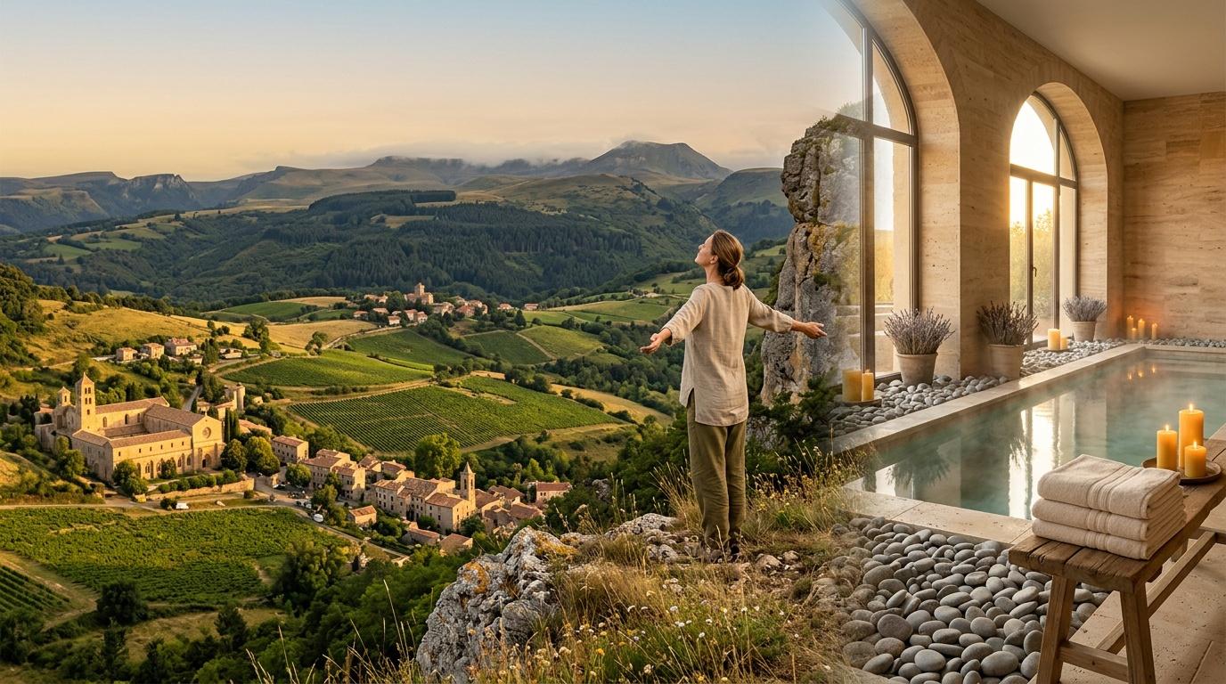 Femme admirant paysage montagneux depuis spa luxueux