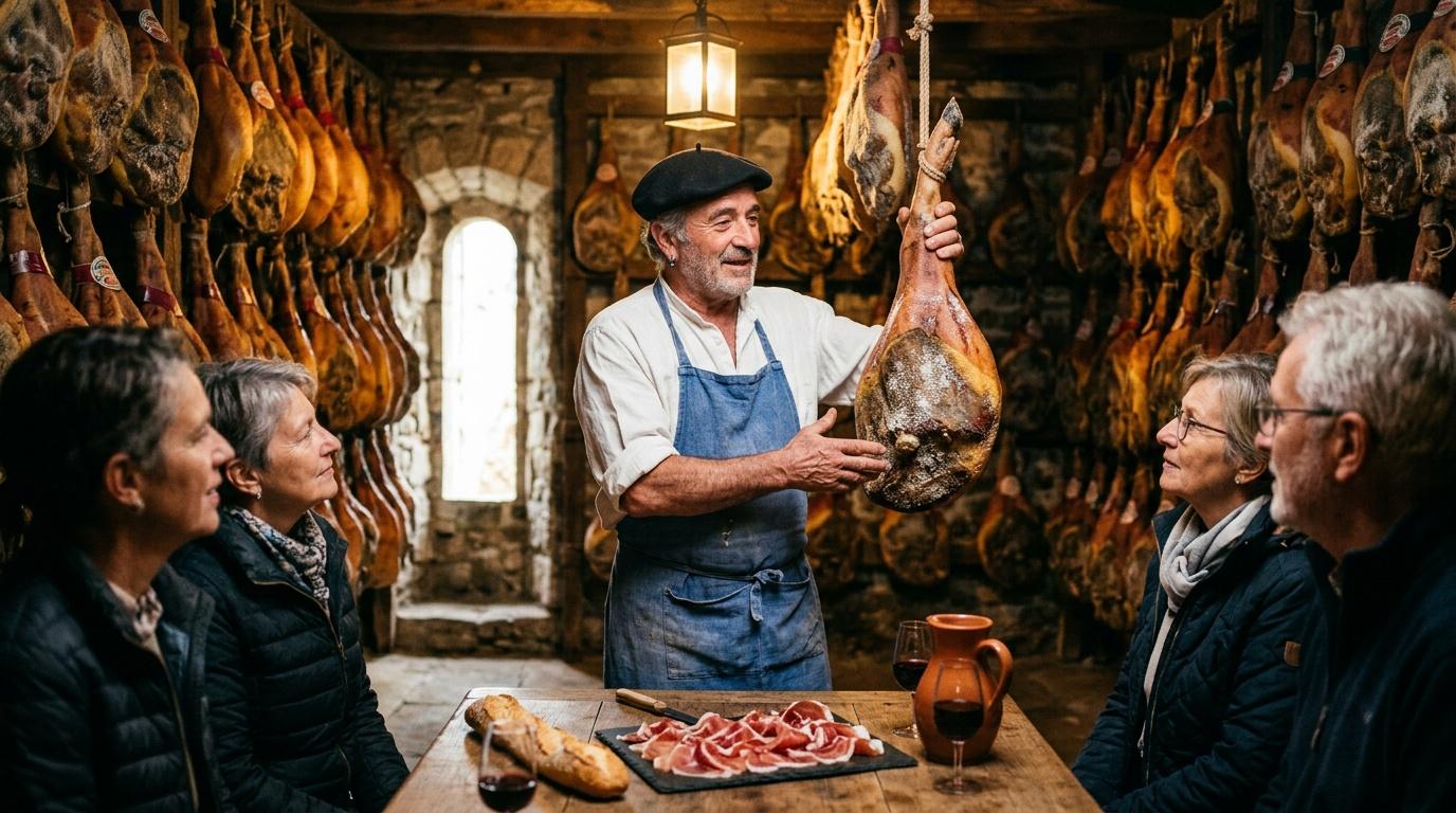 Artisan charcutier montrant jambon cru à des visiteurs en cave