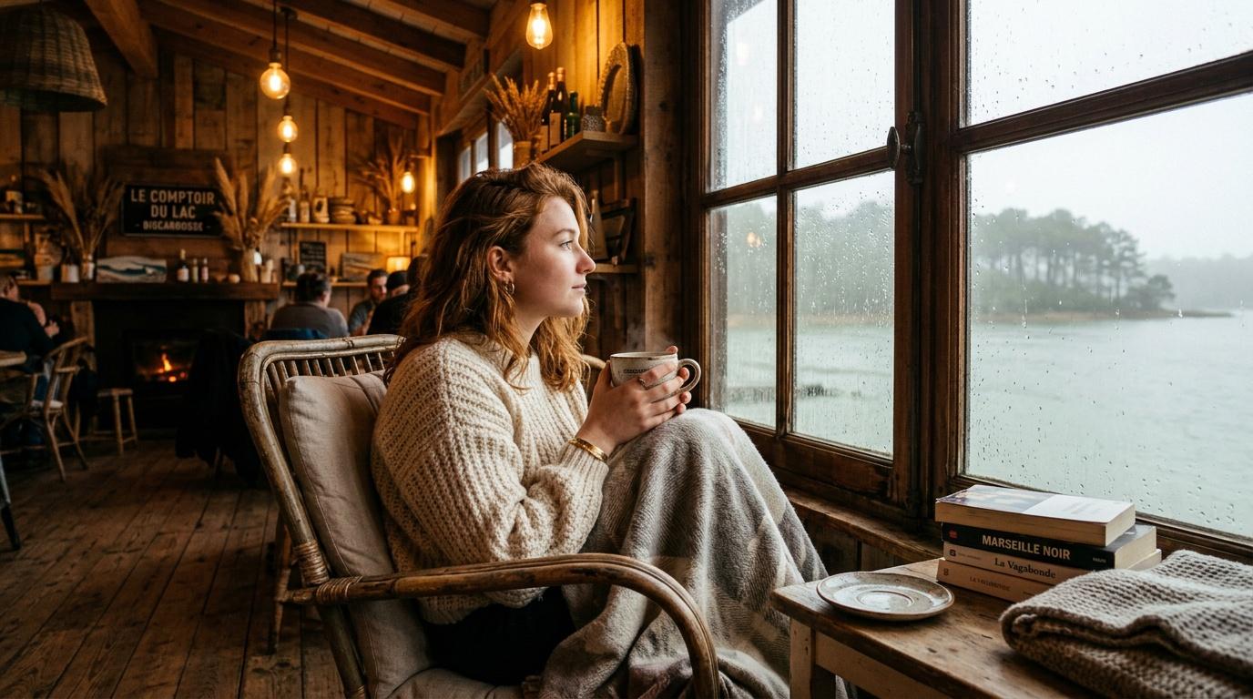 Femme contemplative près fenêtre pluvieuse tenant tasse café