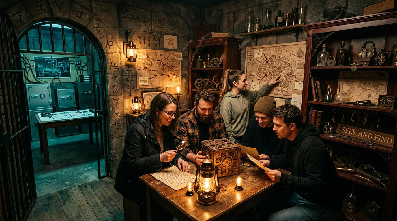 Groupe résolvant puzzle dans salle mystérieuse avec énigmes