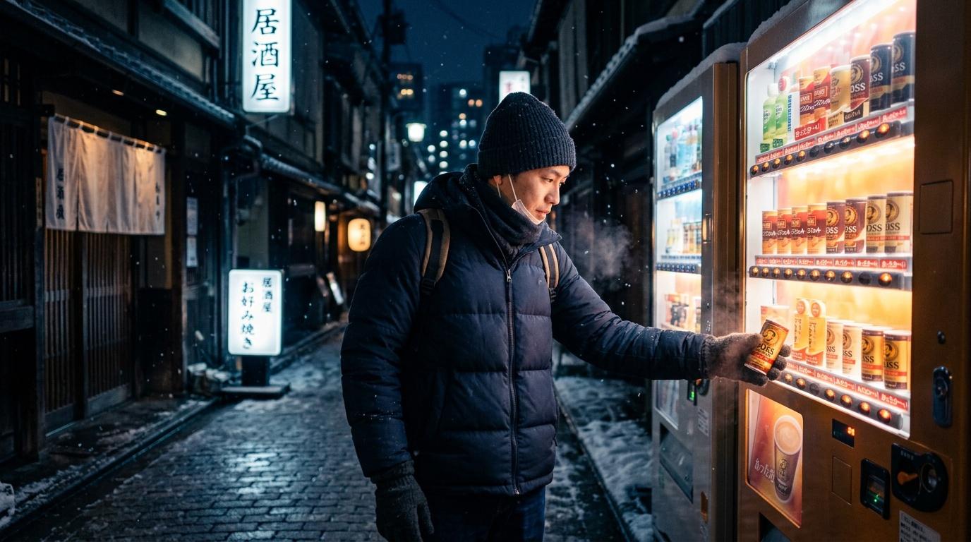 Homme achetant une boisson à un distributeur automatique la nuit