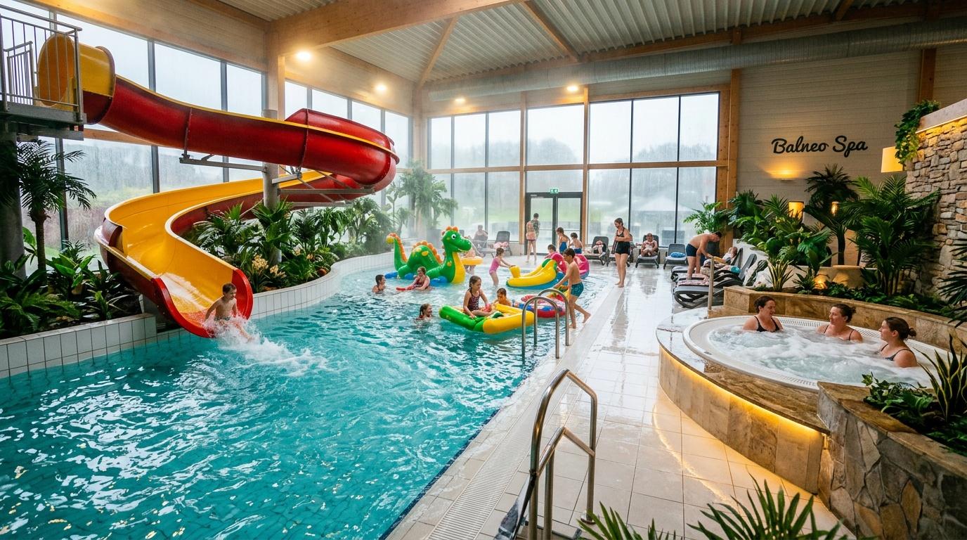 Piscine couverte avec toboggan rouge, bassins et jacuzzi, enfants jouant