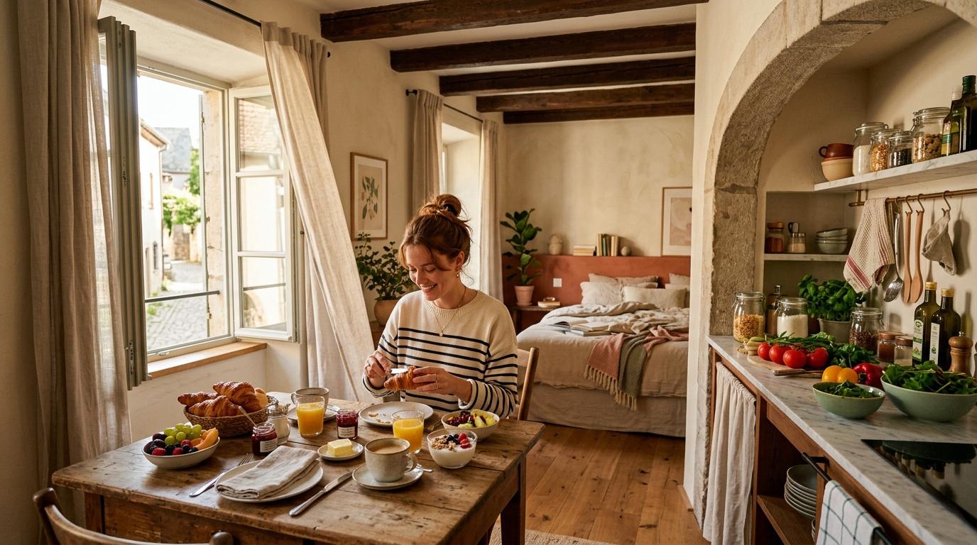 Femme prenant son petit-déjeuner dans une cuisine rustique méditerranéenne