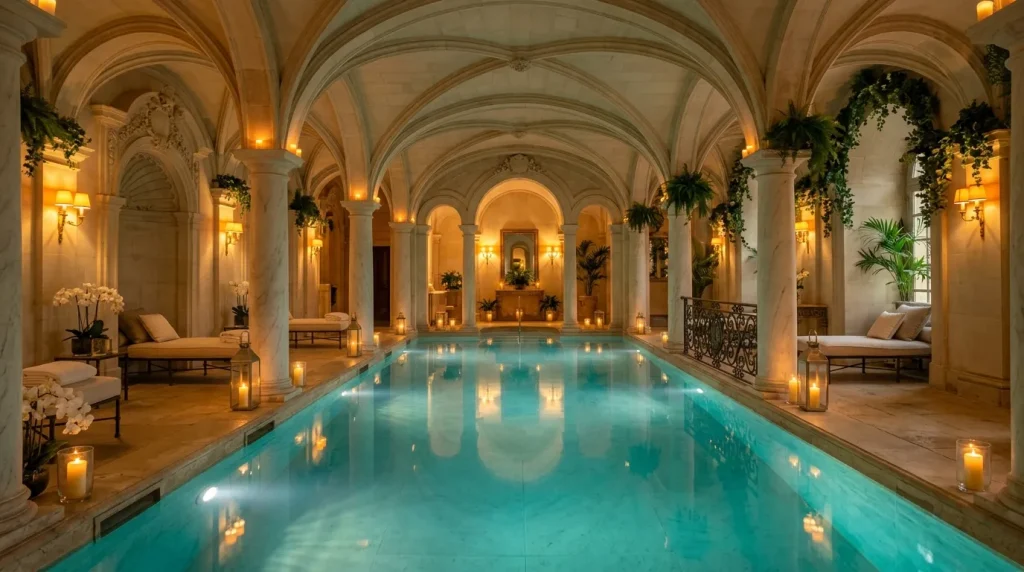 Piscine intérieure élégante aux colonnes classiques et éclairage doré
