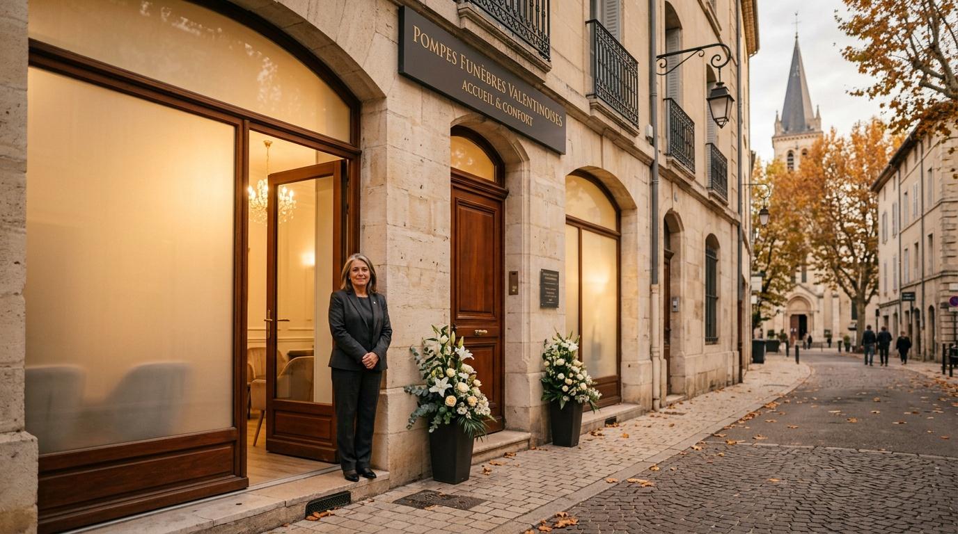 Femme devant entrée pompes funèbres Paris rue pavée