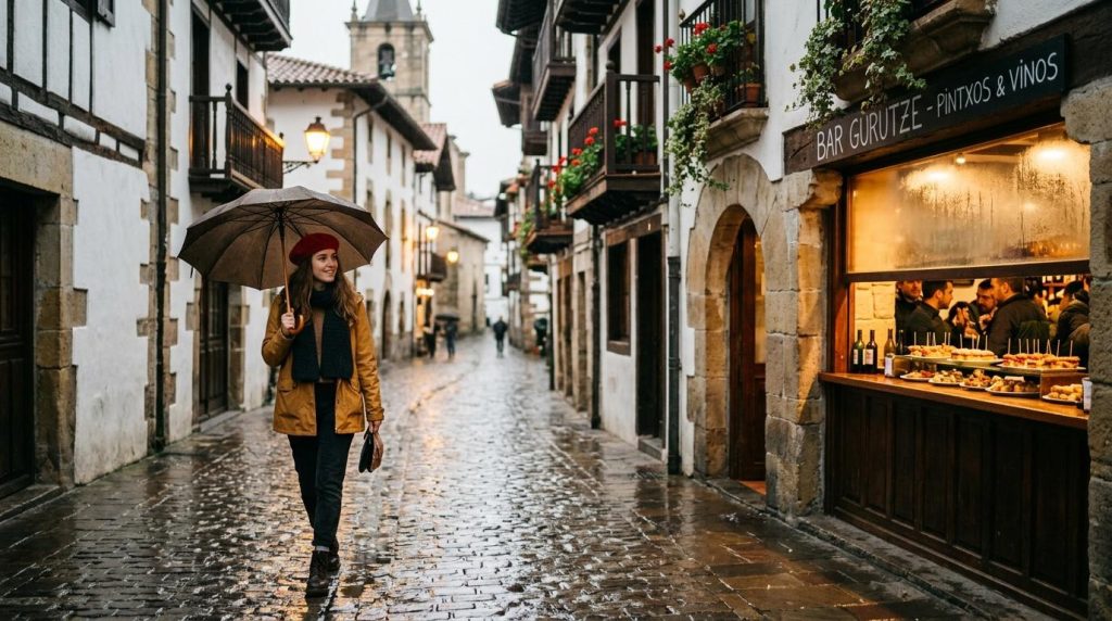 Femme avec parapluie marchant dans une ruelle pavée historique