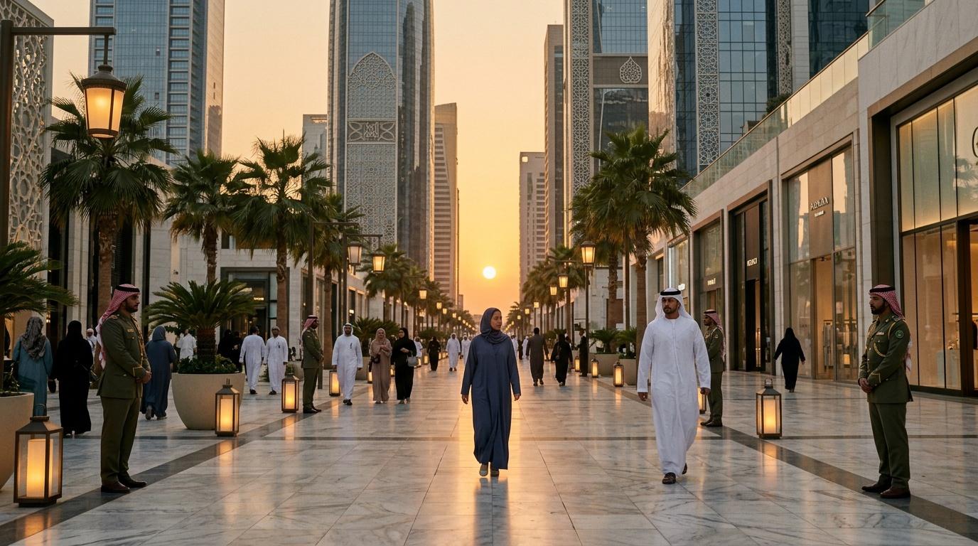 Rue piétonne moderne avec palmiers, bâtiments et personnes au crépuscule