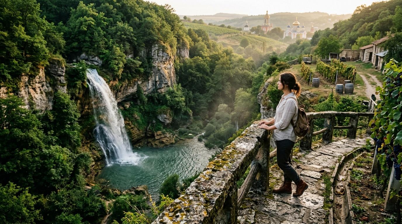Femme admirant cascade et vallée verdoyante avec églises