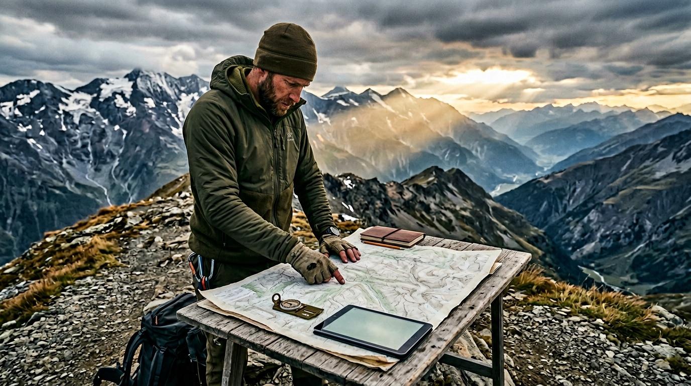 Homme consulte carte topographique sur sommet alpin