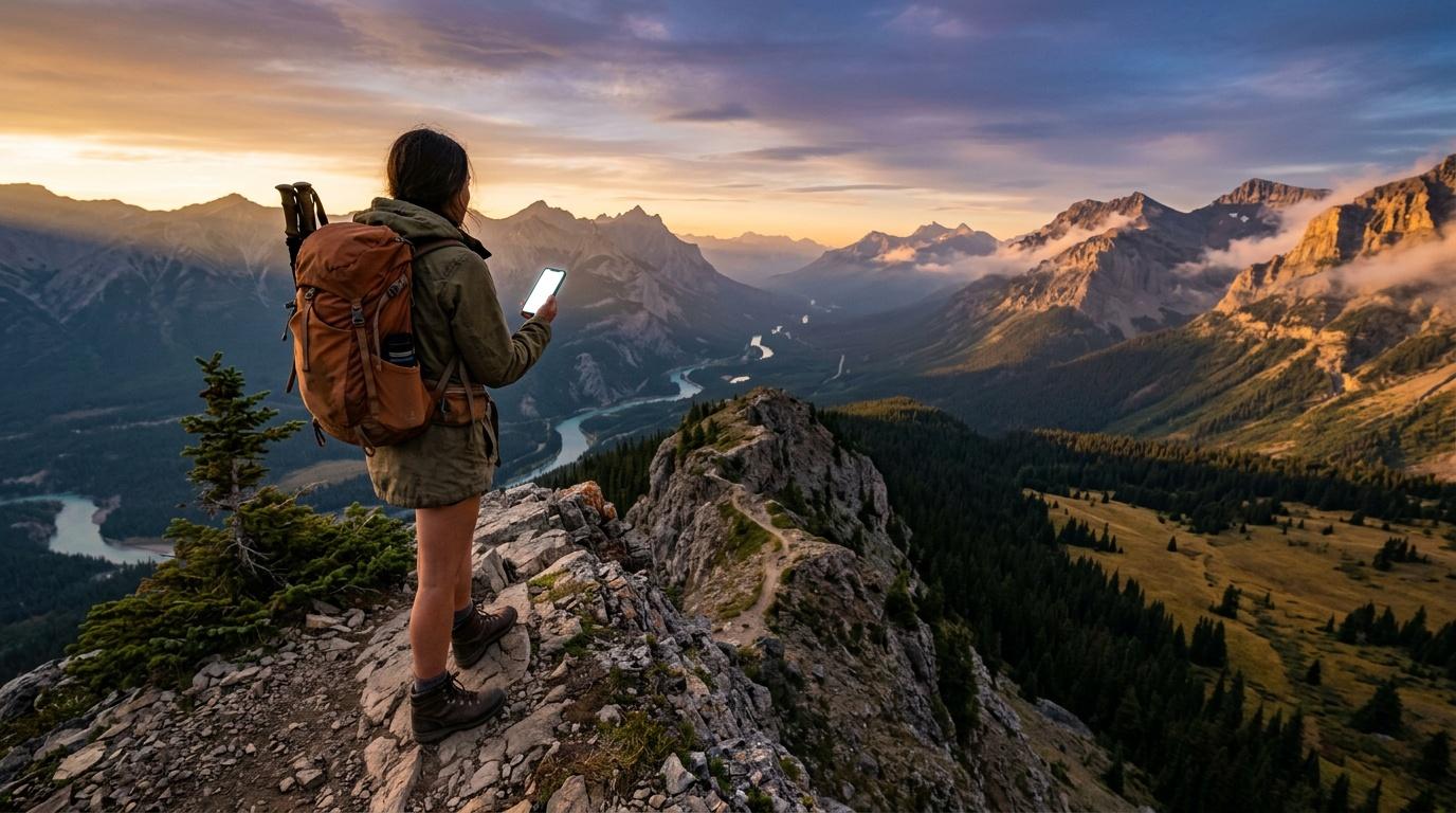 Femme randonneuse consulte son téléphone au sommet montagneux