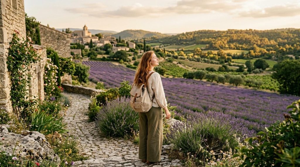 Femme admirant les champs de lavande en Provence