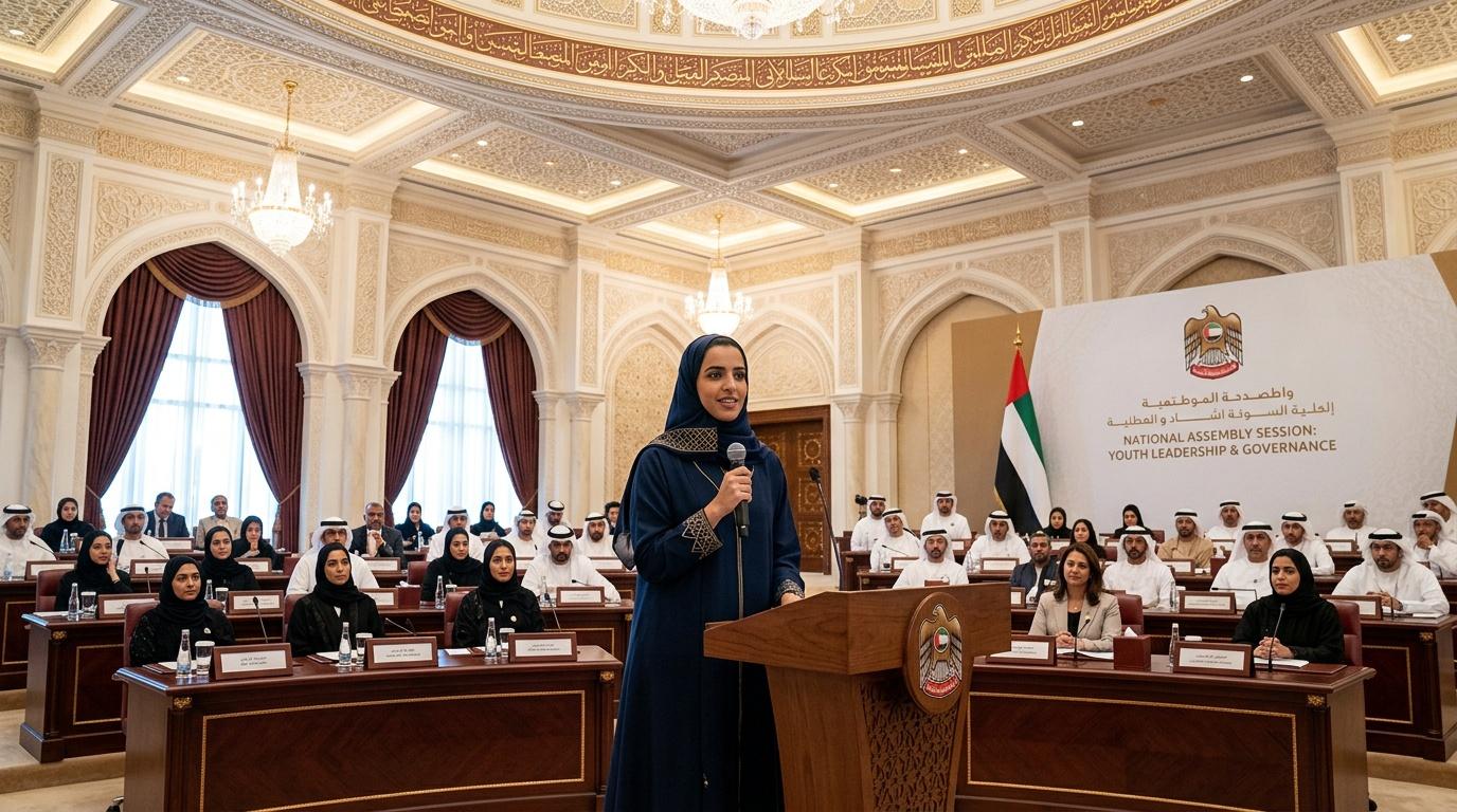 Femme parlant au pupitre devant l'assemblée nationale émiratie